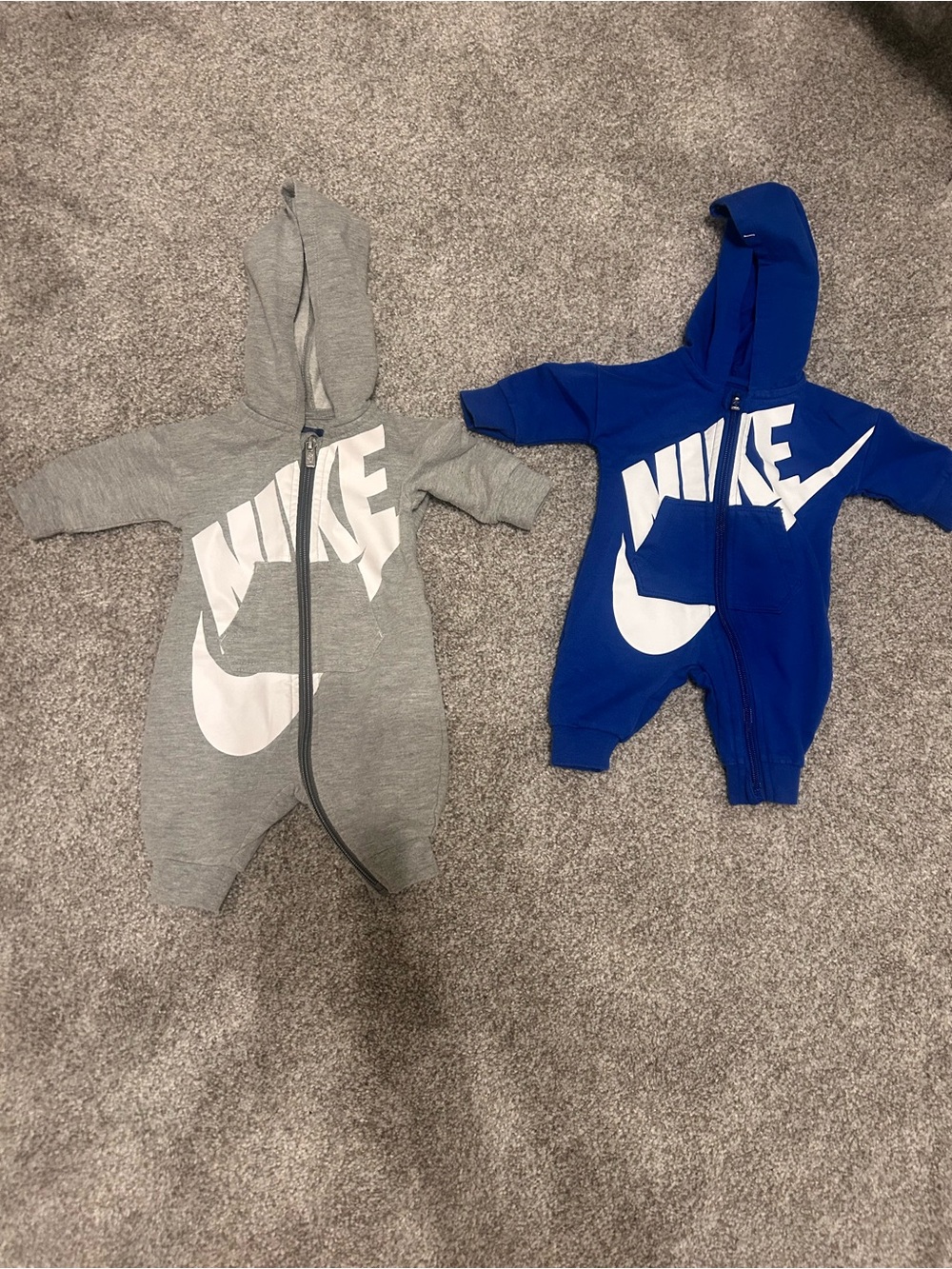 Nike Hooded Baby Footies in Gray and Royal Blue Set
